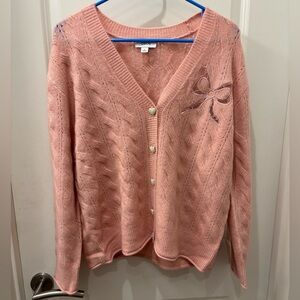 NWT CeCe Pink Cable Knit Sweater with Bow Detail & heart buttons- S